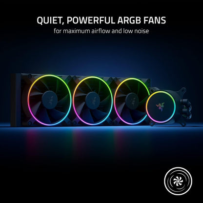 Razer Hanbo Chroma RGB All-in-One-Flüssigkeitskühler mit aRGB-Pumpenkappe: AIO-Design – Leise, leistungsstarke aRGB-Lüfter – PWM-Lüftersteuerung – Kompatibel mit Intel LGA 115X-Serie, 2011, 1200, 1700 und AM5 – 360 mm