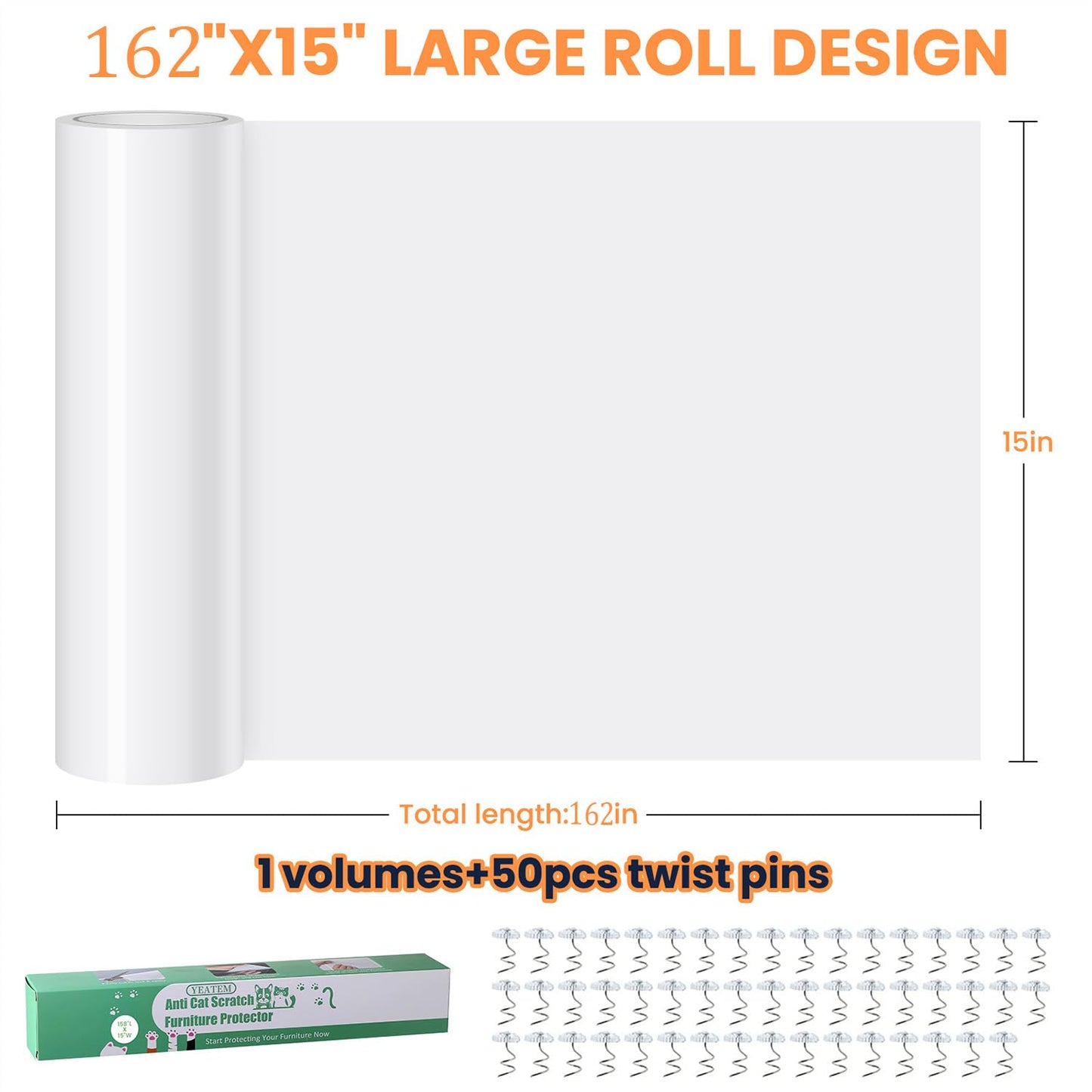 [Verdicktes Vinyl] Möbelschutz gegen Katzenkratzer, 411 x 38 cm (162" x 15") Couchschutz gegen Katzenkrallen, einseitig selbstklebender Möbelschutz gegen Kratzer, extra große Größe schützt mehr Möbel + 50 Befestigungsmaterial