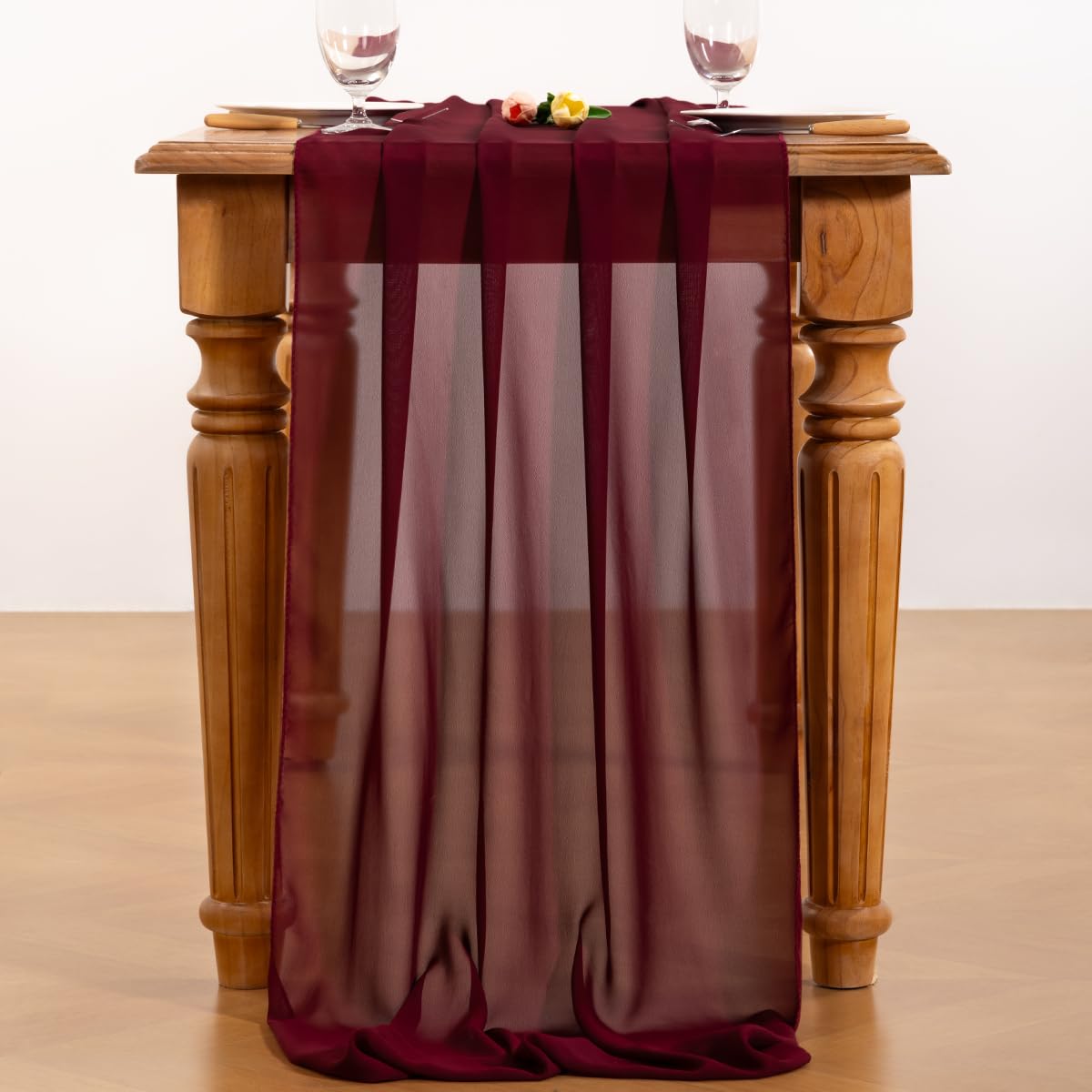 Socomi Tischläufer aus burgunderrotem Chiffon, Herbst-, Thanksgiving-, Boho- und rustikaler Stil, 3 m (29 x 120 Zoll), Hochzeitsläufer, transparent, Brautparty-Dekoration