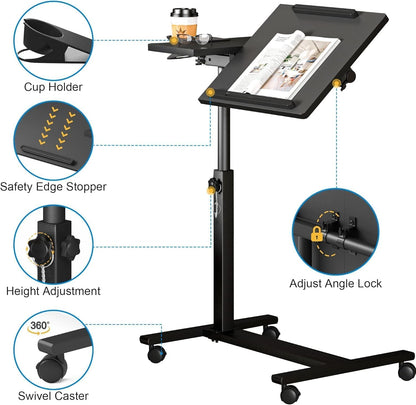 Panta Höhenverstellbarer Laptopständer mit Rollen, Betttisch mit 2 neigbaren Tischplatten, mobiler Laptoptisch für Sofa und Couch mit Getränkehalter, mobiler Computerarbeitsplatz für Büro, Zuhause und Krankenhaus