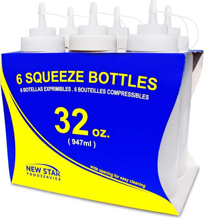 New Star Foodservice Squeeze Bottles, Plastic, Wide Mouth, 32 oz, Clear, Pack of 6