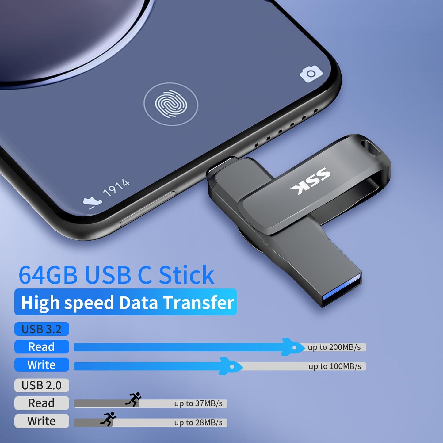 SSK USB 3.2 Flash-Laufwerk 64 GB, bis zu 200 MB/s Lesegeschwindigkeit, USB-C-Speicherstick, Dual-USB-C-Stick mit USB Typ-C- und USB-A-Anschluss, robuster schwarzer Metall-Stick für Smartphones, Tablets, Macs, Laptops, Auto und Fernseher