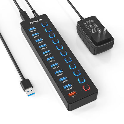Aktiver USB-Hub, 11-Port-USB-3.0-Hub-Splitter – 10 USB-3.0-Datenübertragungsports + 1 intelligenter Ladeanschluss, USB-3.0-Hub mit individuellen LED-Ein-/Ausschaltern und 5V/4A-Netzteil