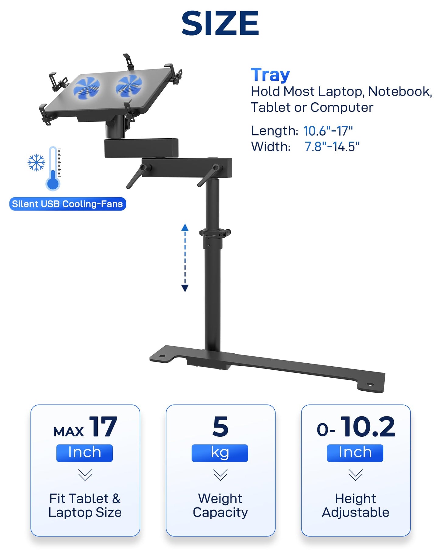 SPIRRELAB LKW-Laptophalterung, passend für Chevy Silverado, Tahoe und GMC Sierra (Baujahre 2019–2025), bohrfreie Montage, integrierter Lüfter, verstellbarer LKW-Computerständer