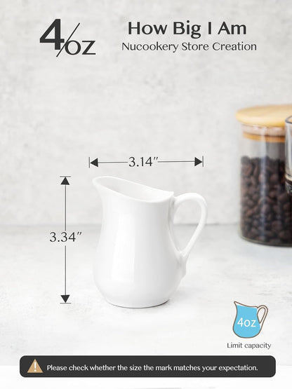 Nucookery Keramik-Milchkännchen-Set (2 Stück, je 120 ml), weiß, kleine Milchkännchen mit Griff für Soßen, Salate, Kaffee und Milch, mikrowellen- und gefriergeeignet, 2er-Set 