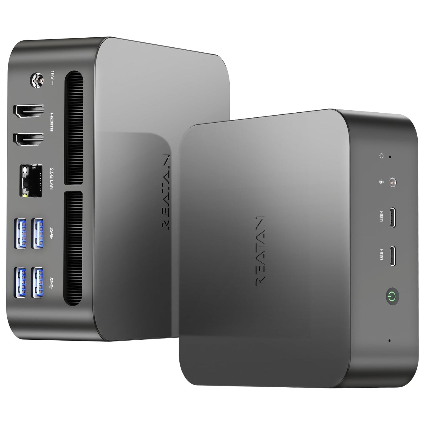 Reatan Mini-PC Gaming AI AMD Ryzen 9 7940HS 64 GB DDR5 2 TB (2 x 1 TB) NVMe SSD 5600 MHz RAM, Desktop-Mini-Computer, Radeon 780M Grafik, 2,5 Gbit/s LAN, USB 4.0, HDMI 2.1, 8K USB 4.0 Wi-Fi 6E/BT 5.3