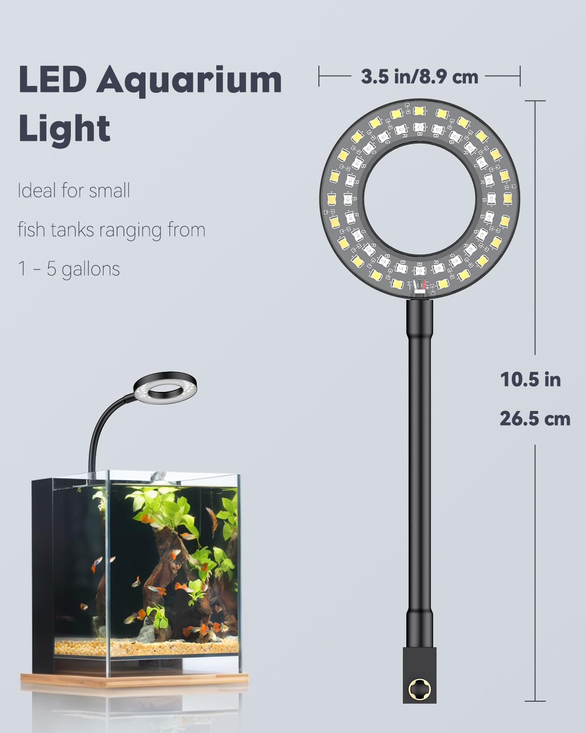 Pawfly 6 W LED-Aquarienleuchte für 1 bis 5 Gallonen Aquarien, Clip-On-Aquarienleuchte, USB-betriebene Aquariumlampe mit Vollspektrum, dimmbare weiße, blaue, rote und grüne Lichter mit Timer (Adapter nicht im Lieferumfang enthalten)