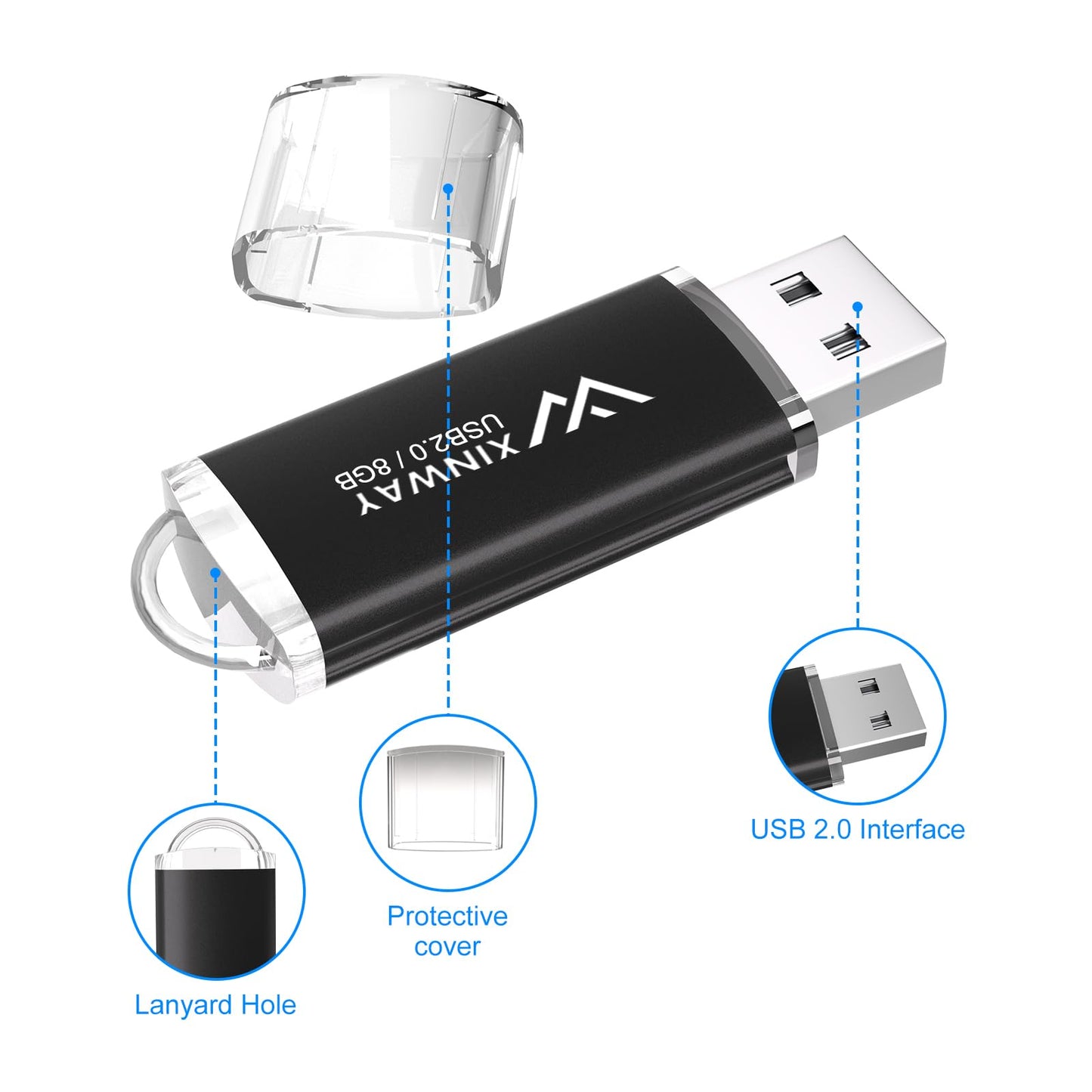 XINWAY 8 GB USB 2.0 Flash-Laufwerk, 5er-Pack, verschiedene Farben: Schwarz, Blau, Grün, Gold, Lila