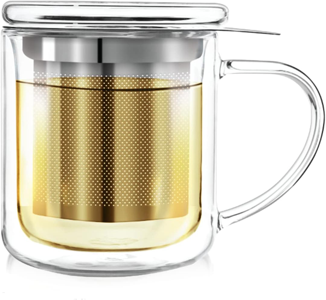 Teabloom Persönlicher Teebereiter – Isolierte, hitzebeständige Glastasse mit losem Tee-Sieb und Deckel/Untersetzer – Tea Connoisseur's Choice – Aufgussbecher aus Borosilikatglas (237 ml) 