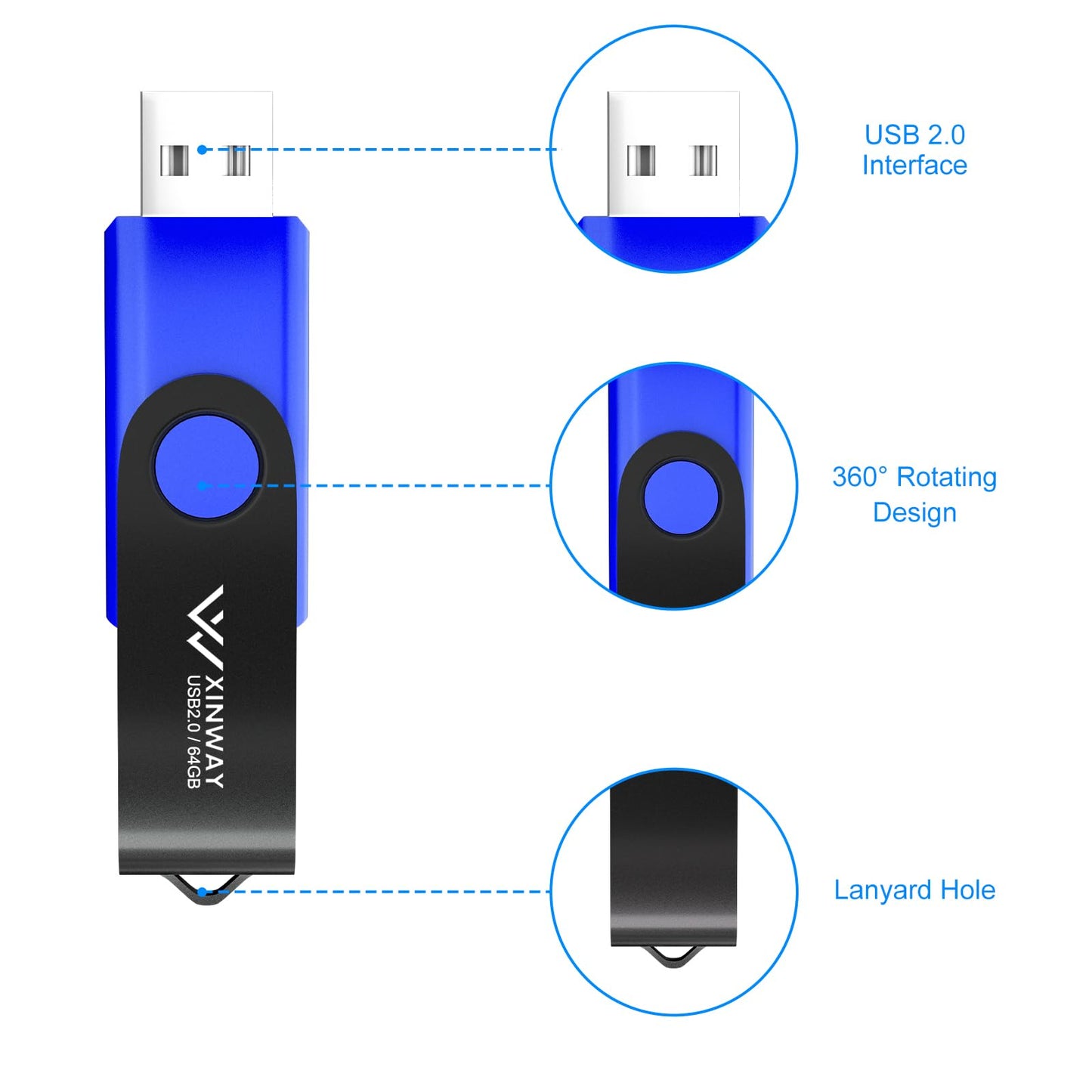 XINWAY 64GB USB 2.0 Flash-Laufwerke, USB-Sticks, drehbares Design, (2er-Pack, zwei Farben: Schwarz, Blau)