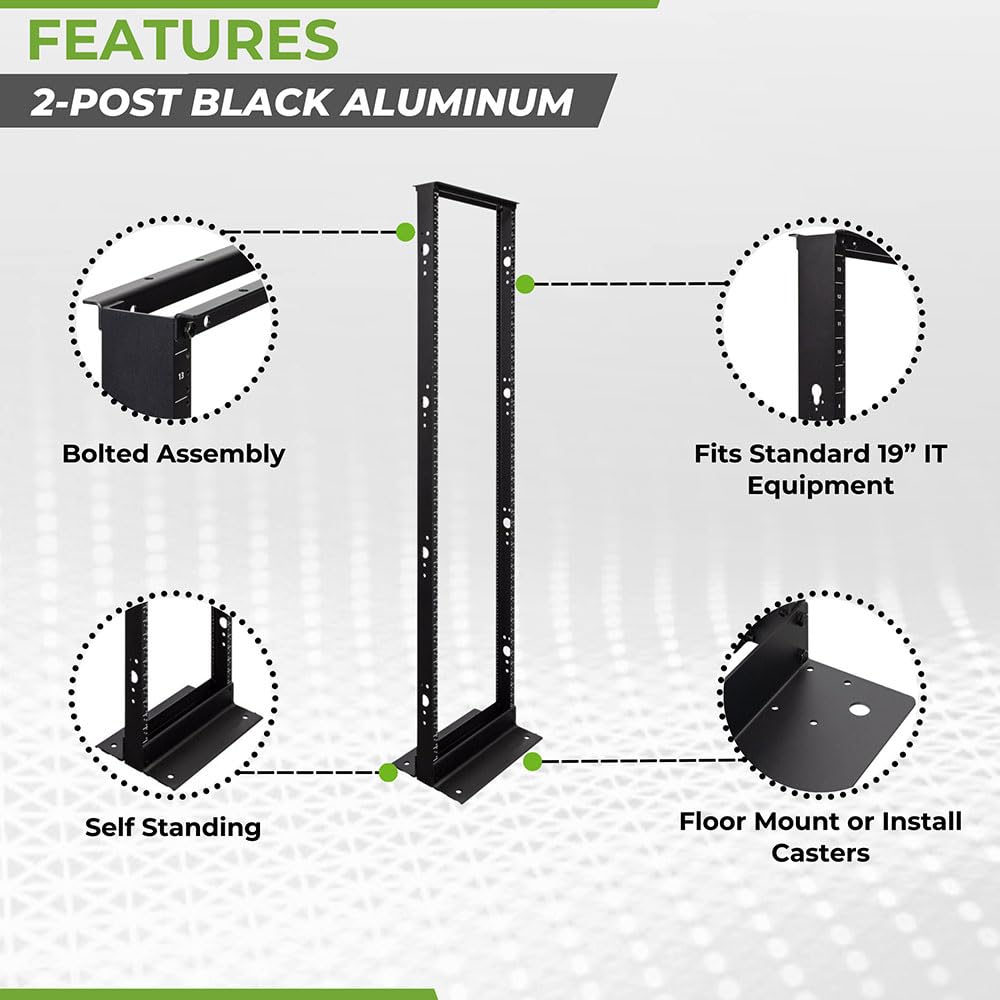 NavePoint 45U 2-Pfosten-Serverschrank mit offenem Rahmen für 19-Zoll-Geräte, AV-, Netzwerk-, Daten- und IT-Geräte, 2-Pfosten-Schrank, 45 HE, Tragfähigkeit 400 kg, Schwarz