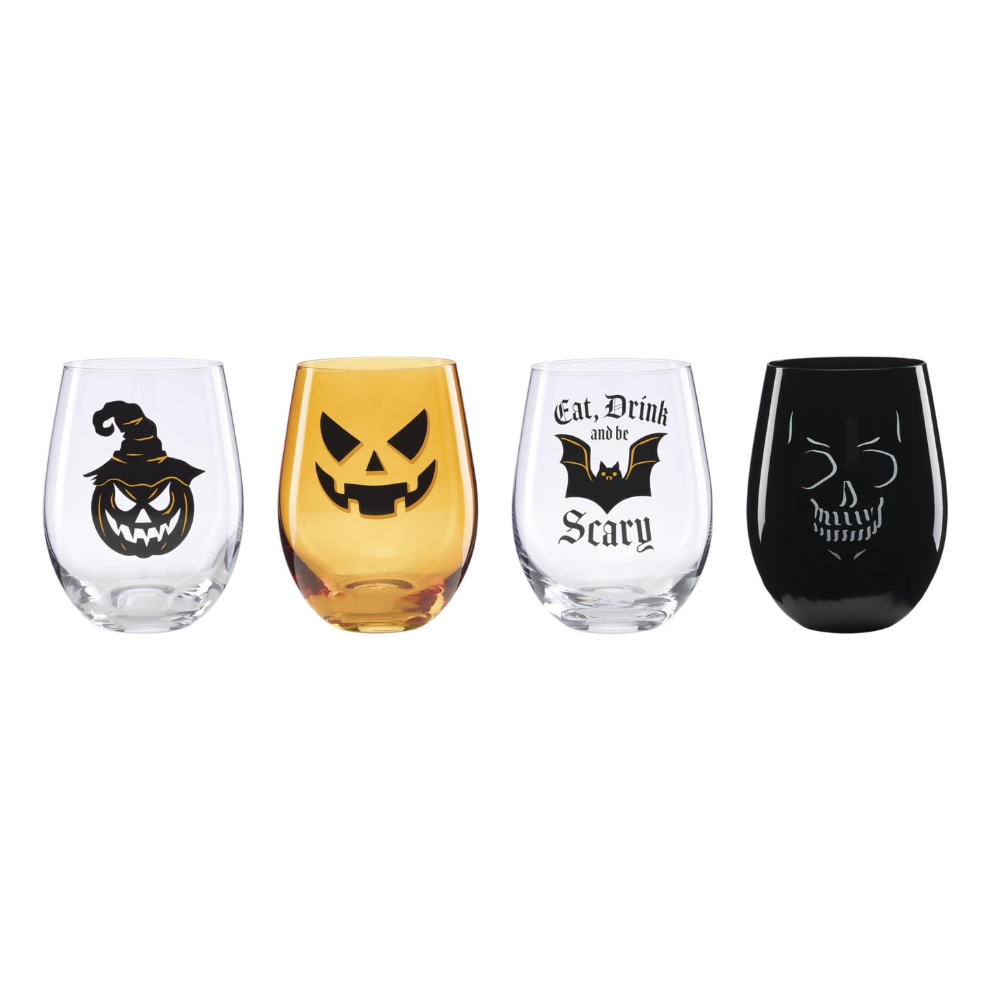 Oneida Barware, Vintro Halloween Stiellose Weingläser, 4er-Set, Spülmaschinenfest, Aus Glas, Gruseliges Trinkgläser-Set, Halloween-Dekoration für den Innenbereich, Skelette und Fledermäuse als Design (4-teilig, 532 ml)