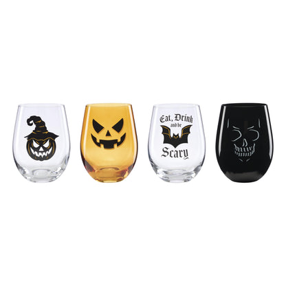 Oneida Barware, Vintro Halloween Stiellose Weingläser, 4er-Set, Spülmaschinenfest, Aus Glas, Gruseliges Trinkgläser-Set, Halloween-Dekoration für den Innenbereich, Skelette und Fledermäuse als Design (4-teilig, 532 ml)