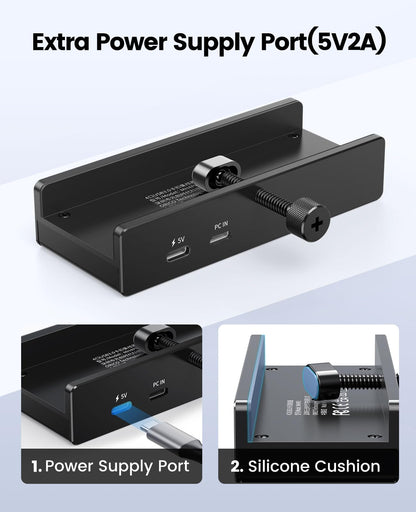 ORICO USB-Hub 3.0, Klemm-USB-Hub mit zusätzlichem Netzteilanschluss, Aluminium-USB-Adapter mit 4 Ports, 3 USB-A-Datenanschlüssen und USB-C-Anschluss für Monitore und Schreibtische (Schwarz)