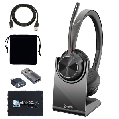 Poly Voyager 4320 UC Kabelloses Headset &amp; Ladestation – Stereo-Kopfhörer mit geräuschunterdrückendem Mikrofonarm + Ladestation + USB-C-auf-A-Adapter + USB-C-Dongle + USB-Netzkabel + Tasche + Mikrofasertuch