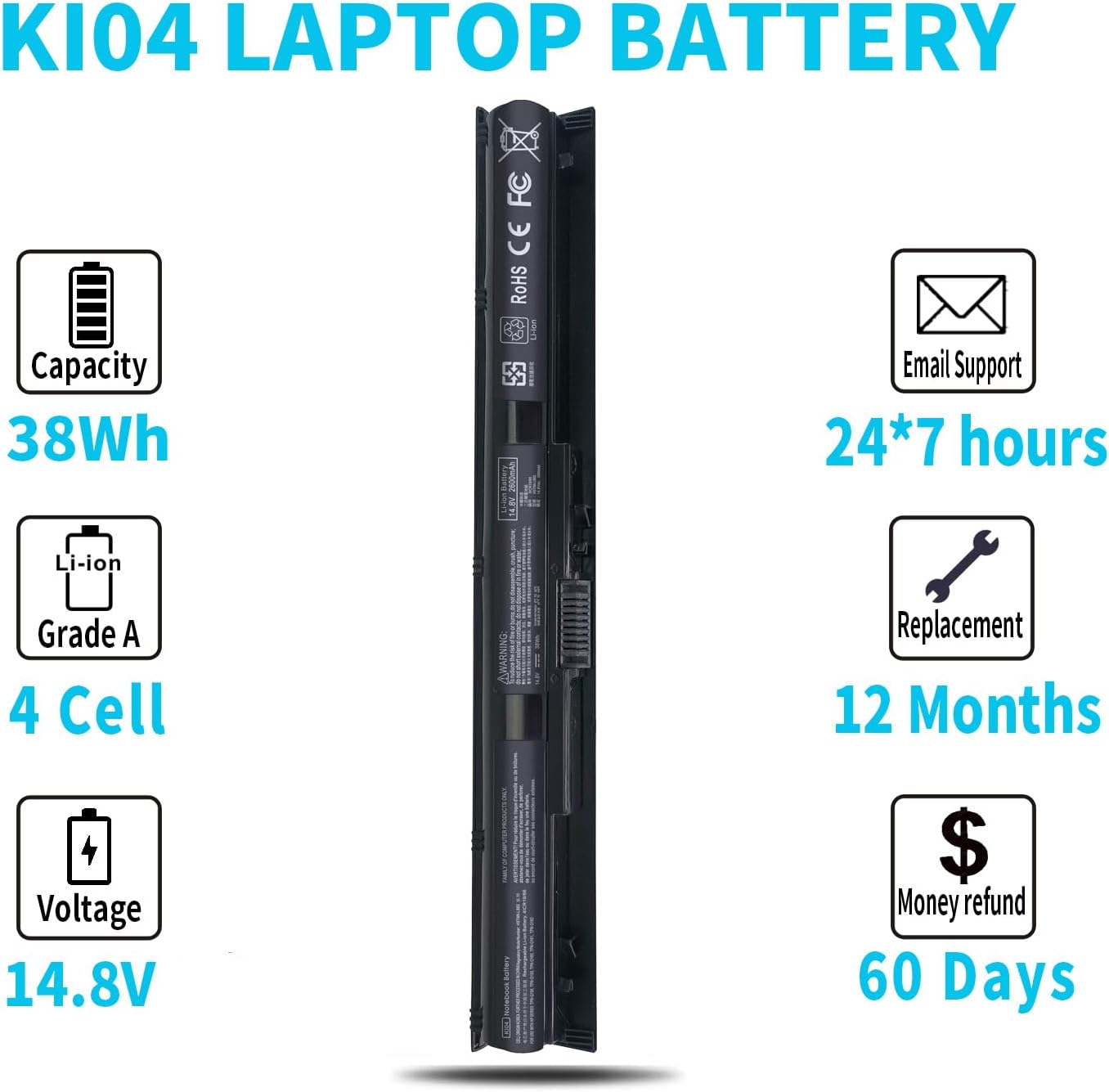 800049-001 KI04 K104 Battery for HP Pavilion 17-g 17t-s 15-ab 15t-ab 15-an 15-ab223cl 15-ab243cl 15-ab247cl 17t-s100 17-g119dx 17-g192dx 17-g133cl 17-g121wm 17-g153us 800009-421 800010-421 800050-001