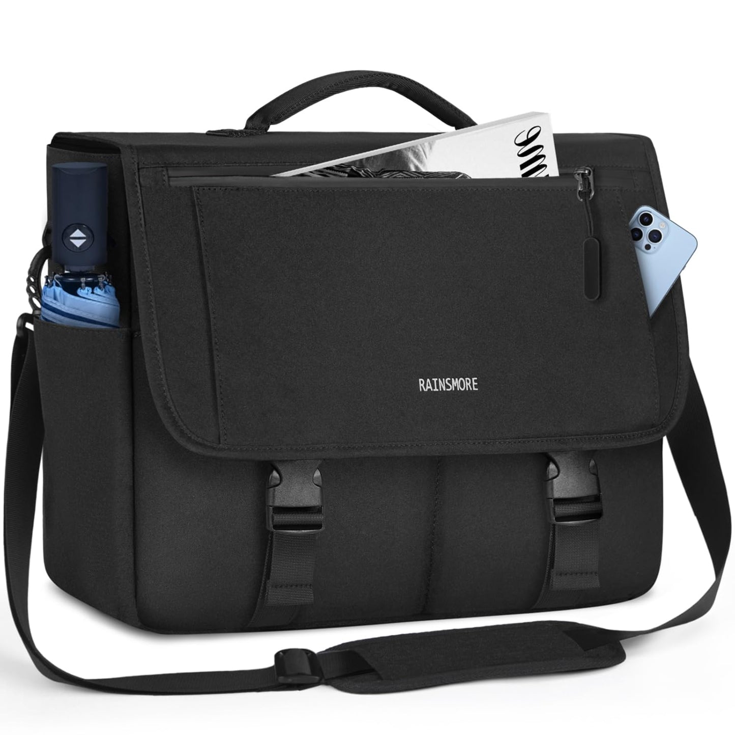 RAINSMORE Messenger Bag für Herren, 15,6 Zoll, wasserabweisend, Laptoptasche, lässige Umhängetasche, große Computertasche für Uni, Büro, Aktentasche, modische Crossbody-Handtasche, Schwarz