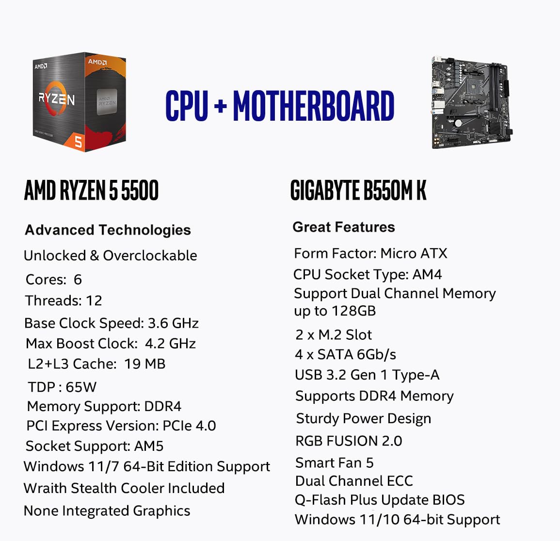 Micro Center AMD Ryzen 5 5500 Desktop-Prozessor mit GIGABYTE B550M K Motherboard (Micro-ATX, DDR4, Dual M.2, SATA 6Gb/s, PCIe 4.0)