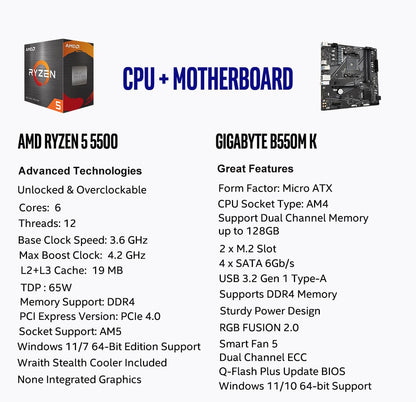 Micro Center AMD Ryzen 5 5500 Desktop-Prozessor mit GIGABYTE B550M K Motherboard (Micro-ATX, DDR4, Dual M.2, SATA 6Gb/s, PCIe 4.0)
