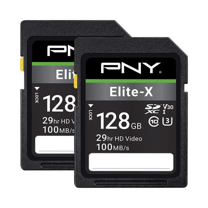 PNY 128GB Elite-X Class 10 U3 V30 SDXC Flash-Speicherkarte - 100MB/s, Klasse 10, U3, V30, 4K UHD, Full HD, UHS-I, SD-Karte in voller Größe (2er-Pack)