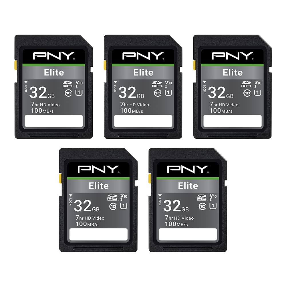 PNY 32GB Elite Class 10 U1 V10 SDHC Flash-Speicherkarte - 100MB/s Lesegeschwindigkeit, Klasse 10, U1 Full HD, UHS-I, SD-Standardgröße (5er-Pack)