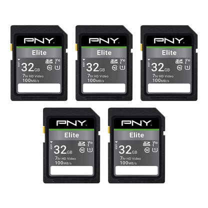PNY 32GB Elite Class 10 U1 V10 SDHC Flash-Speicherkarte - 100MB/s Lesegeschwindigkeit, Klasse 10, U1 Full HD, UHS-I, SD-Standardgröße (5er-Pack)