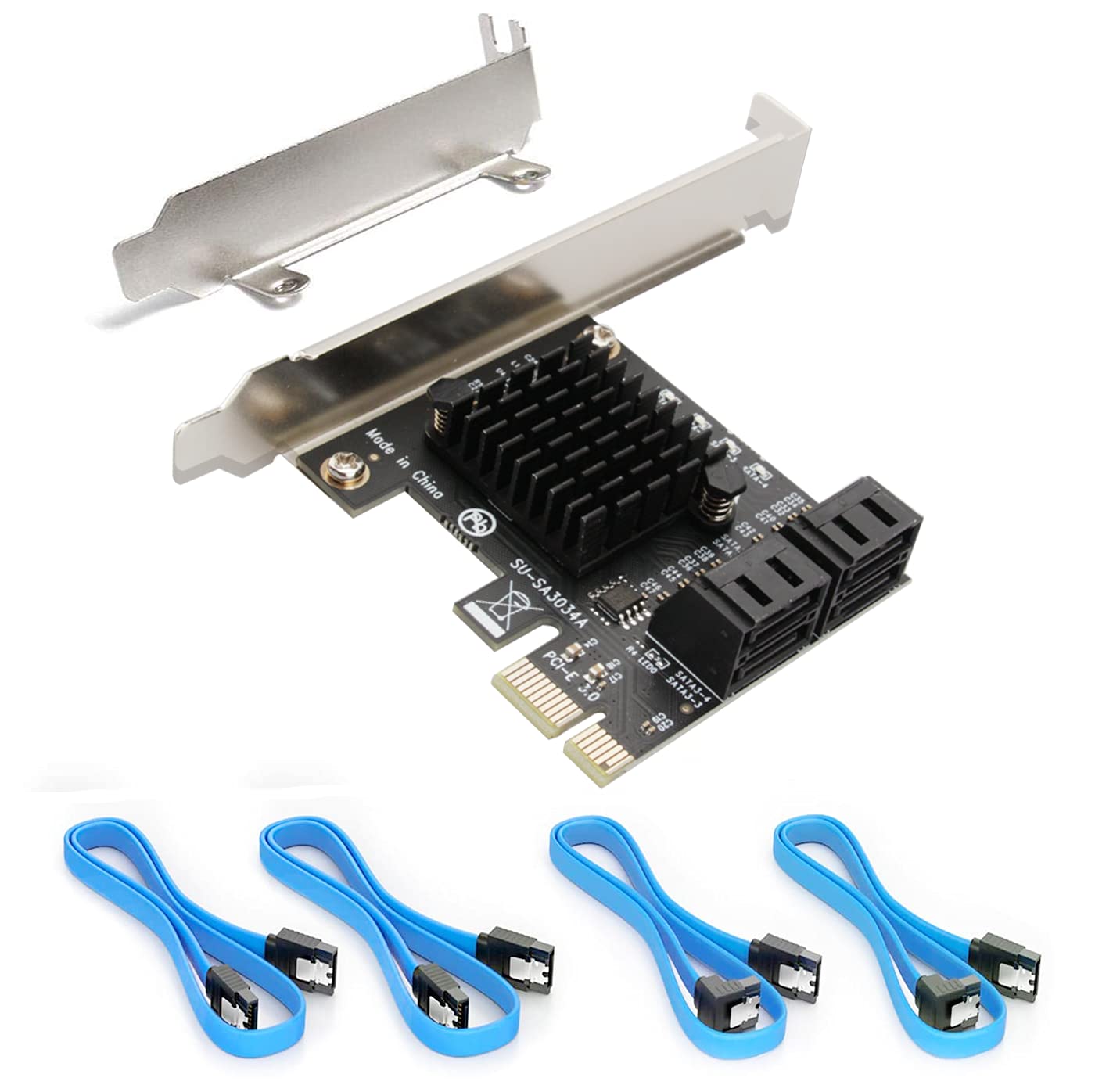SATA Card PCIE 3.0, 4 Port with 4 Cables, Controller Expansion Card with Low Profile Bracket, Non-Raid, Boot as System Disk, Support 4 SATA 3.0 Devices