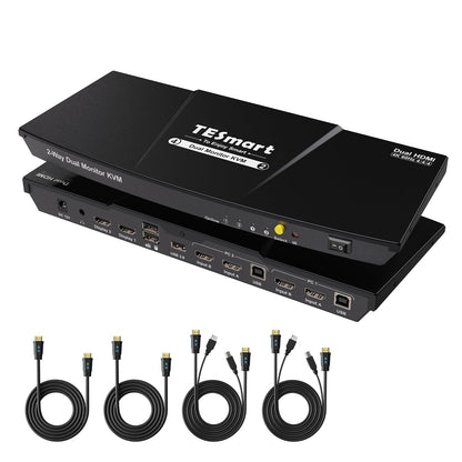 TESmart HDMI KVM-Switch für 2 Monitore und 2 Computer (4K@60Hz, USB 2.0), Dual-Monitor-KVM-Switch mit 2 HDMI-Anschlüssen, erweiterter Anzeige, EDID-Emulatoren, L/R-Audio, Hotkey-Schalter, Tastenschalter mit Eingangskabeln