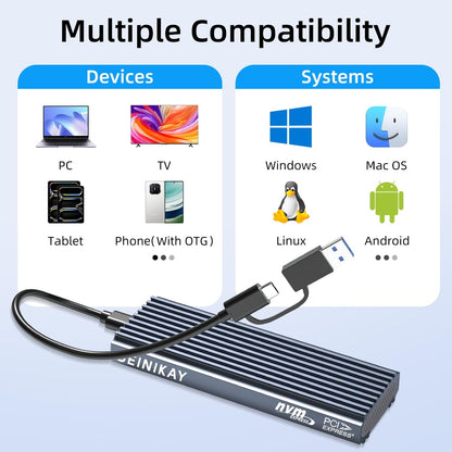 SEINIKAY M.2 NVMe-Gehäuse, werkzeugloser USB 3.2 Gen 2 (10 Gbit/s)-zu-NVMe-Adapter mit Kühlkörper, 10 Gbit/s Geschwindigkeit, Plug &amp; Play, 16 TB Erweiterung, mit CC-zu-A-Kabel