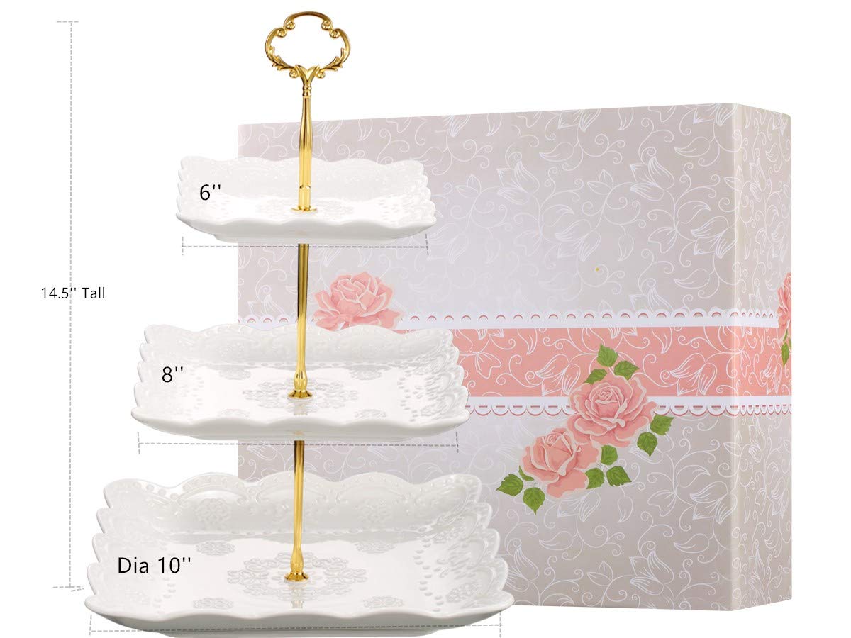 Sumerflos 3-stöckiger Cupcake-Ständer aus Porzellan, Etageren-Servierständer für Torten, quadratischer, weiß geprägter Dessertständer, Servierplatte für Gebäck und andere Speisen bei Hochzeiten und Partys