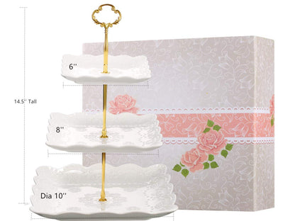 Sumerflos 3-stöckiger Cupcake-Ständer aus Porzellan, Etageren-Servierständer für Torten, quadratischer, weiß geprägter Dessertständer, Servierplatte für Gebäck und andere Speisen bei Hochzeiten und Partys
