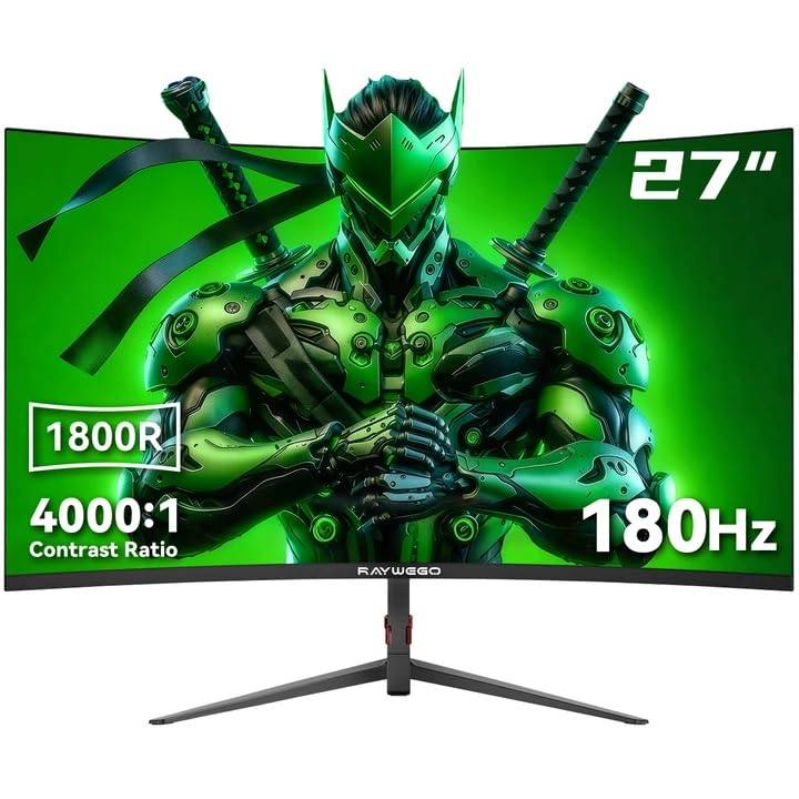 Raywego 27-Zoll-Curved-Gaming-Monitor, 180 Hz, Full HD 1080p, 1800R, FreeSync &amp; Eye-Care, Kontrastverhältnis 4000:1, unterstützt VESA, DP und HDMI für Gaming, Homeoffice