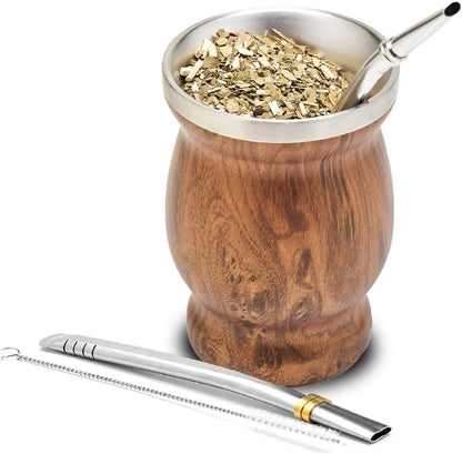 BALIBETOV Stainless Steel Double-Wall Mate Cup And Bombilla Set - Yerba Mate set Includes One Yerba Mate Cup, 2 Bombillas Mate (Straw) & Brush - Easy to Clean (Wood)