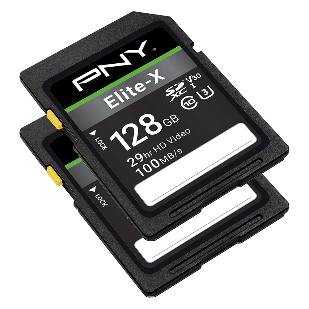 PNY 128GB Elite-X Class 10 U3 V30 SDXC Flash-Speicherkarte - 100MB/s, Klasse 10, U3, V30, 4K UHD, Full HD, UHS-I, SD-Karte in voller Größe (2er-Pack)