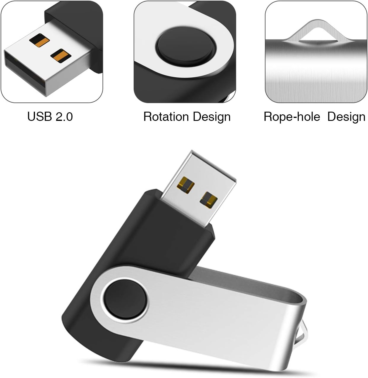 10Pcs 16GB USB Flash Drive Bulk Pack Thumb Drives, Bulk USB 2.0 Flash Drives Swivel Memory Stick 16G Jump Drive Pen Drive Zip Drive for Data Storage Photo Video File Music, Black