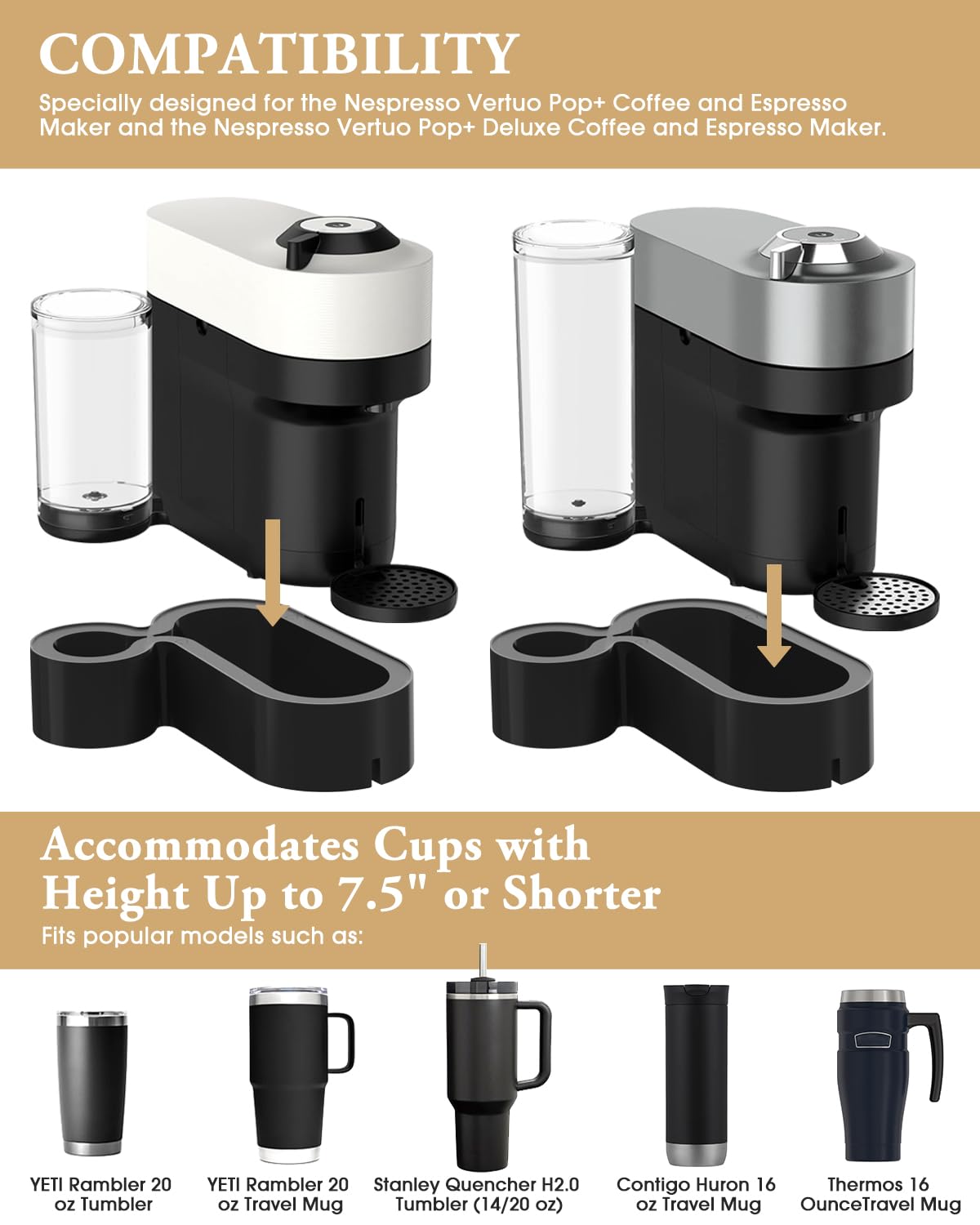 Riser Stand for Nespresso Vertuo Pop+, 3D Printed Coffee Machine Elevation Stand, Compatible with Standard and Deluxe Models, Accommodates Cups with Height Up to 7.48" or Shorter, Fits for YETI Rambler 20 oz Tumbler and Contigo Huron 16 oz Travel Mug