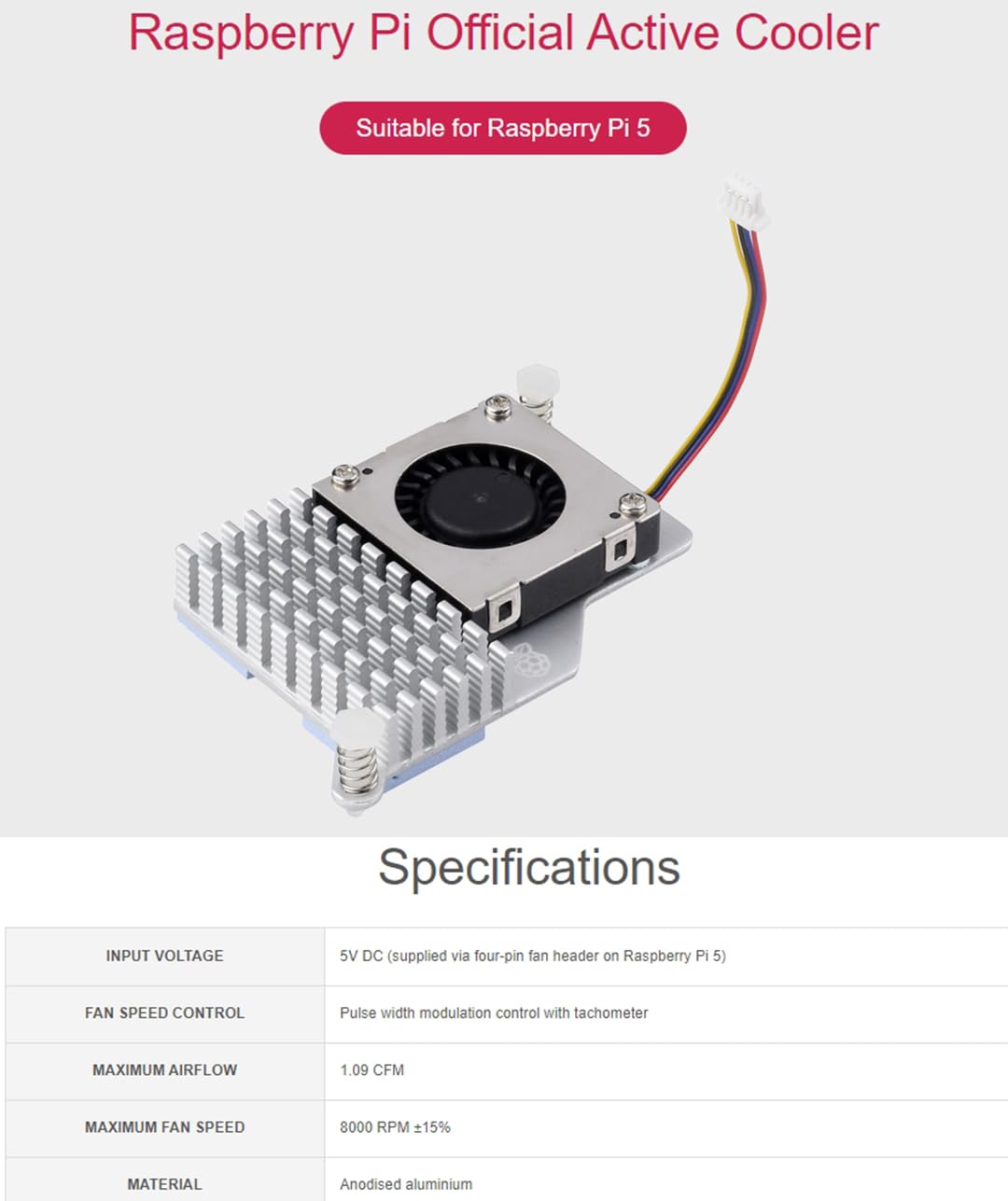 Offizieller aktiver Kühler für Raspberry Pi 5, kombiniert einen Aluminium-Kühlkörper mit einem temperaturgesteuerten Lüfter zur Beschleunigung der Wärmeableitung