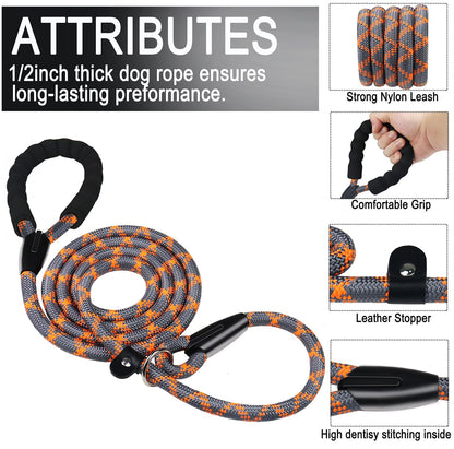 Hundeleine, 1,8 m lange, robuste Hundeleine, strapazierfähige Premium-Qualität, starke Seil-Schlupfleine mit komfortablem, gepolstertem Griff und hochreflektierenden Fäden für kleine, mittlere und große Hunde, (Schwarz) 