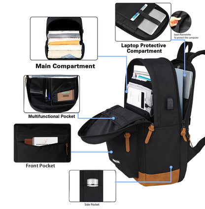 SUPACOOL Leichter Laptop-Rucksack mit USB-Ladeanschluss für Damen und Herren, Doppellagiger Rucksack für Uni, Arbeit, Reisen, Freizeit (Schwarz und Braun)