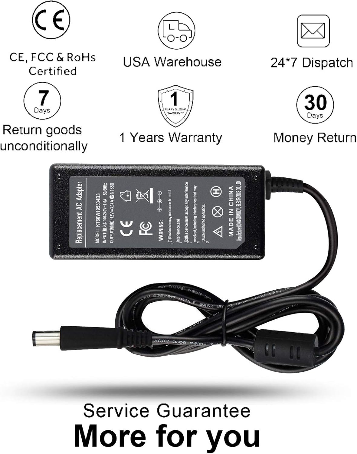 65W 7.4mm Tip Replacement AC Adapter for Dell Latitude 3190 7470 5580 7280 LA65NS2-01 E5570 E7450 E6430 E6410 E6440 E7440 E7470 E5440 E5470 E7240 Laptop Power Supply Cord