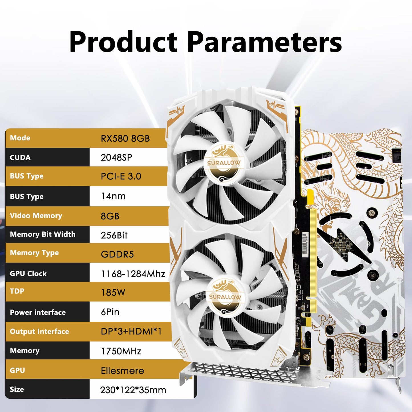 SURALLOW RX 580 8GB Grafikkarte, 2048SP, GDDR5, 256 Bit Grafikkarte für Gaming-PC, PCIE 3.0, Twin Freeze Lüfter Computer-Grafikkarte mit HDMI/DP/Anschlüssen