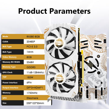 SURALLOW RX 580 8GB Grafikkarte, 2048SP, GDDR5, 256 Bit Grafikkarte für Gaming-PC, PCIE 3.0, Twin Freeze Lüfter Computer-Grafikkarte mit HDMI/DP/Anschlüssen