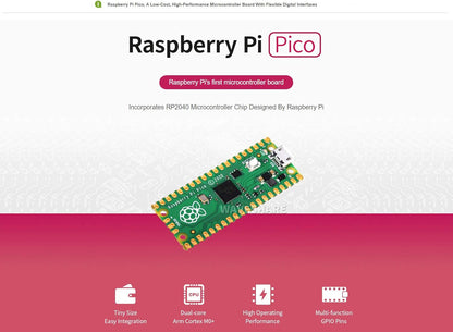 Waveshare Raspberry Pi Pico Microcontroller Board with RP2040 Chip, Dual-core Arm Cortex M0+ Processor, 264KB SRAM, 2MB Flash, 26x GPIO, SPI, I2C, UART, PWM, ADC, USB 1.1, Includes Header and Cable