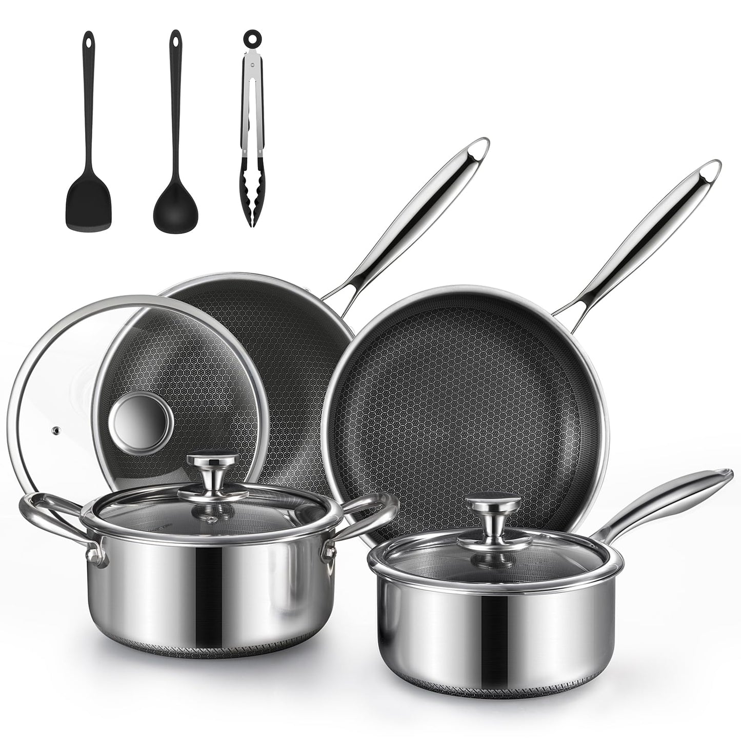 TalingMA Non Stick Pots and Pan Set, 10 Pcs Hybrid Stainless Steel Cookware Set with Lids, Kitchen Skillet, Stock Pot, Nonstick Frying Pan, PFOA-free Kitchen Cooking Utensils,Induction,Dishwasher Safe
