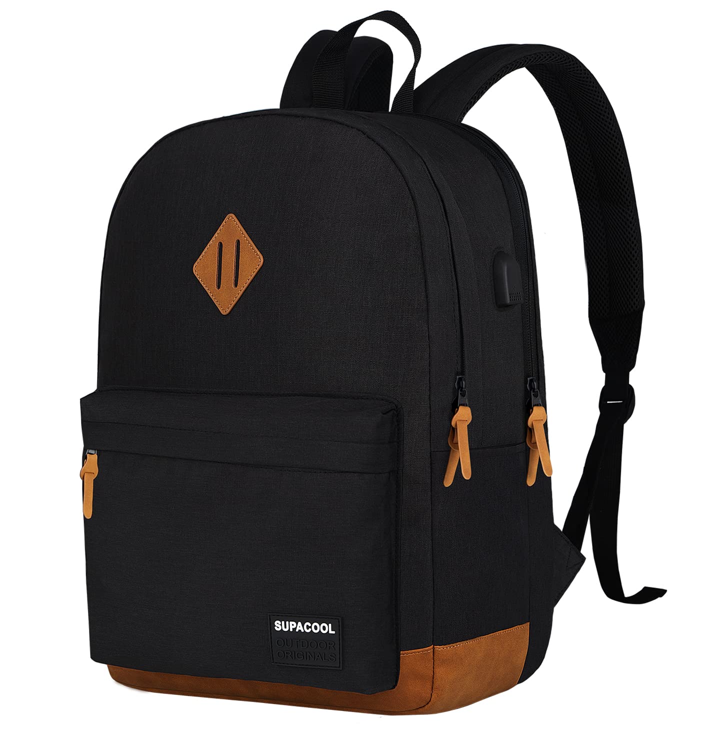 SUPACOOL Leichter Laptop-Rucksack mit USB-Ladeanschluss für Damen und Herren, Doppellagiger Rucksack für Uni, Arbeit, Reisen, Freizeit (Schwarz und Braun)
