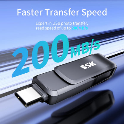 SSK USB 3.2 Flash-Laufwerk 64 GB, bis zu 200 MB/s Lesegeschwindigkeit, USB-C-Speicherstick, Dual-USB-C-Stick mit USB Typ-C- und USB-A-Anschluss, robuster schwarzer Metall-Stick für Smartphones, Tablets, Macs, Laptops, Auto und Fernseher