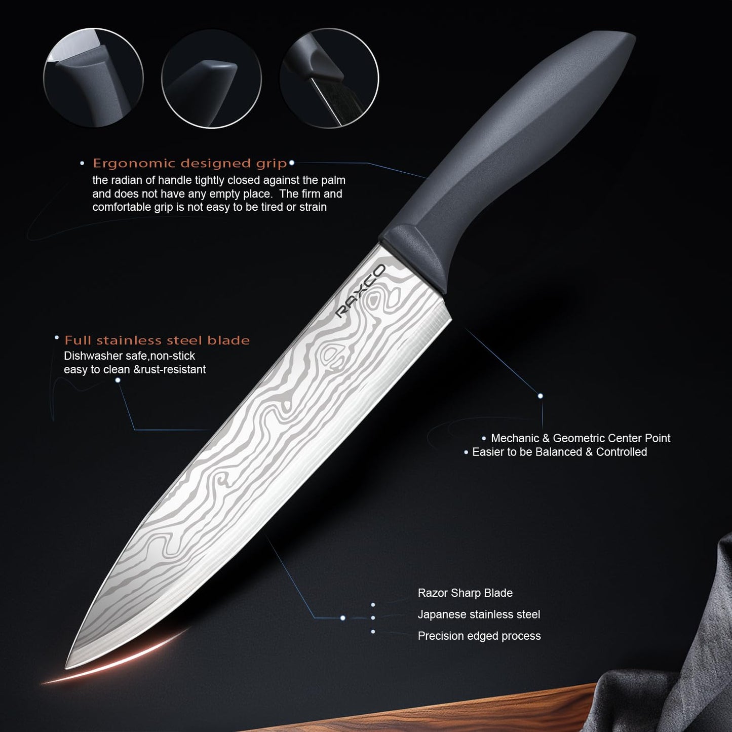 RAXCO Cooking Utensils Set,18-Piece Damascus Texture Knifes and Kitchen Gadgets,Integrated Storage,Grey