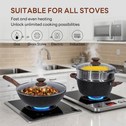 Sweetcrispy 17-teiliges Antihaft-Kochset mit Töpfen und Pfannen, ungiftig, mit kühl bleibenden Griffen, Naturschwarz