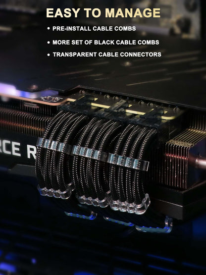 Sirlyr Transparentes Netzteil-Verlängerungsset für individuelle PC-Netzteile (16 AWG) mit 24-Pin-ATX-Anschluss, 1/8-Pin-EPS-Anschluss und 2 vergoldeten 8-Pin-PCIe-Anschlüssen, weiches, nylonummanteltes schwarzes Kabel.