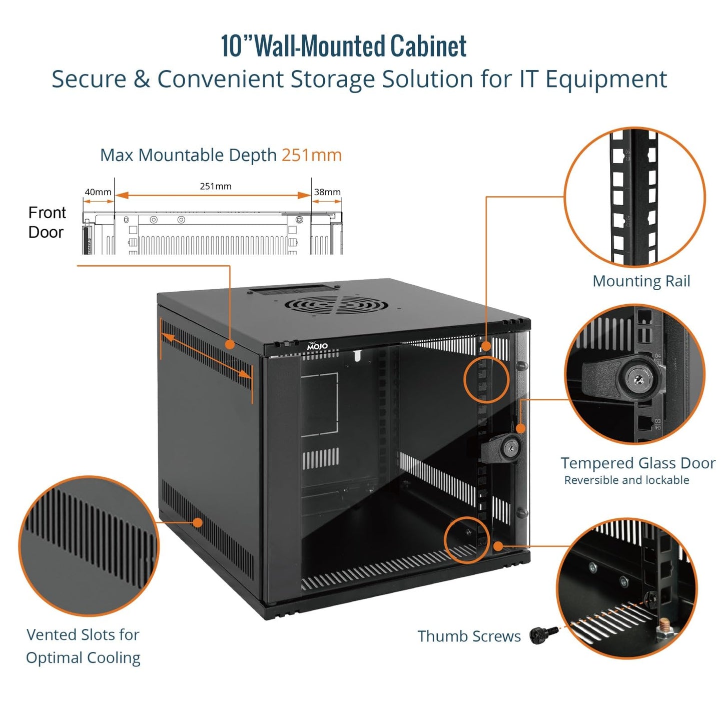 Tecmojo 6U 10-Zoll-Rack, Wandmontage-Netzwerkschrank-Set, 12,3 B x 13 T x 11,8 H Zoll – Tragfähigkeit 50 kg, Schwarzes 10-Zoll-Wandgehäuse-Server-Rack-Set